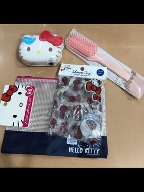 Hello Kitty Pink Bath & Hair Accessory Set with Red Bow Shower Cap